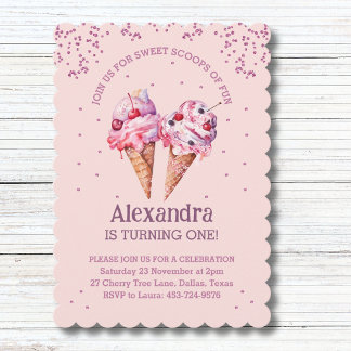 Pink Glitter Girl Ice Cream 1st Birthday Party Invitation