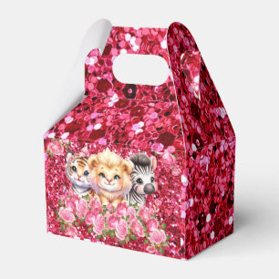 Pink Glitter GIrl's Baby Shower Wild Animals Favour Box