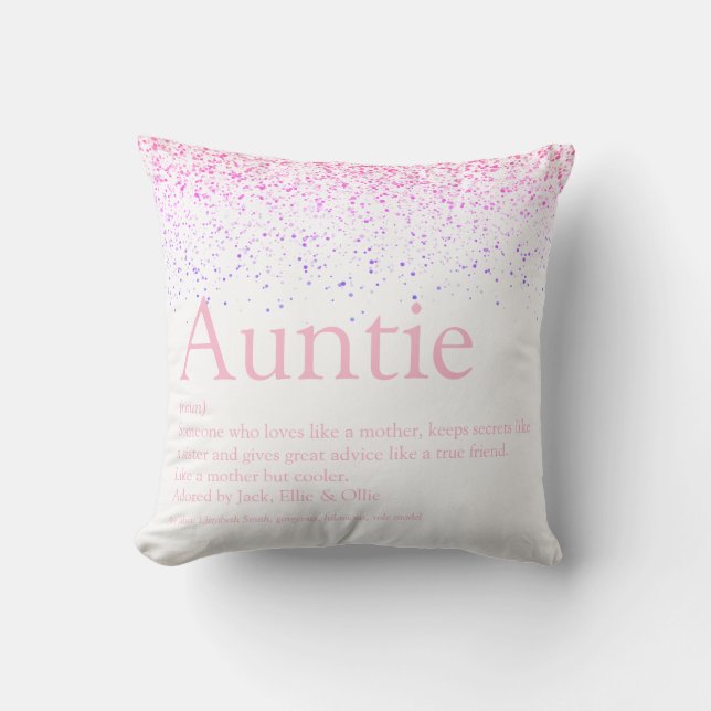 Pink Glitter Girly Fun Cool Auntie Aunt Definition Cushion (Front)