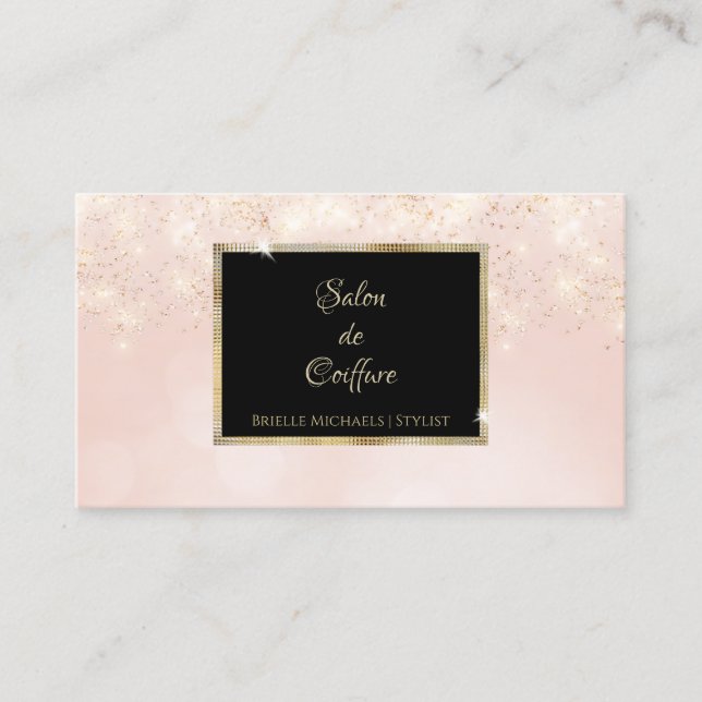 Pink Glitter Glam Elegant Black and Gold Salon Business Card (Front)
