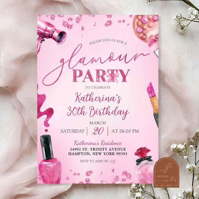 Pink Glitter Glamour Make Up Birthday Invitation (Creator Uploaded)