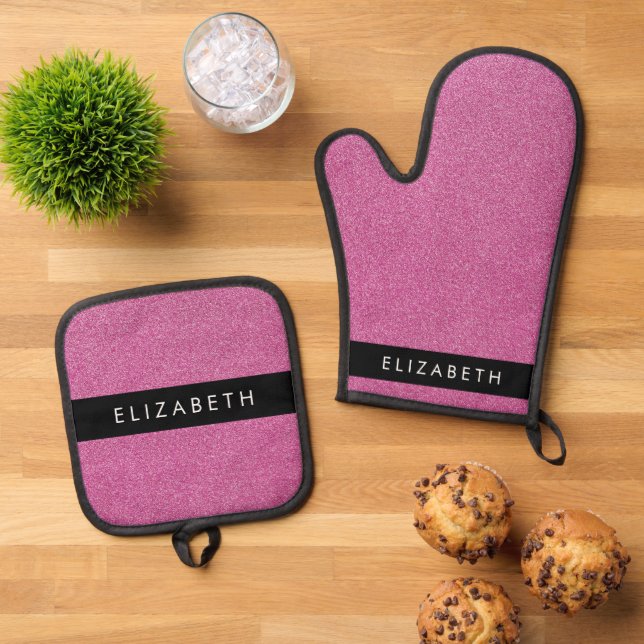 Pink Glitter, Glitter Background, Your Name Oven Mitt & Pot Holder Set (Top Down)