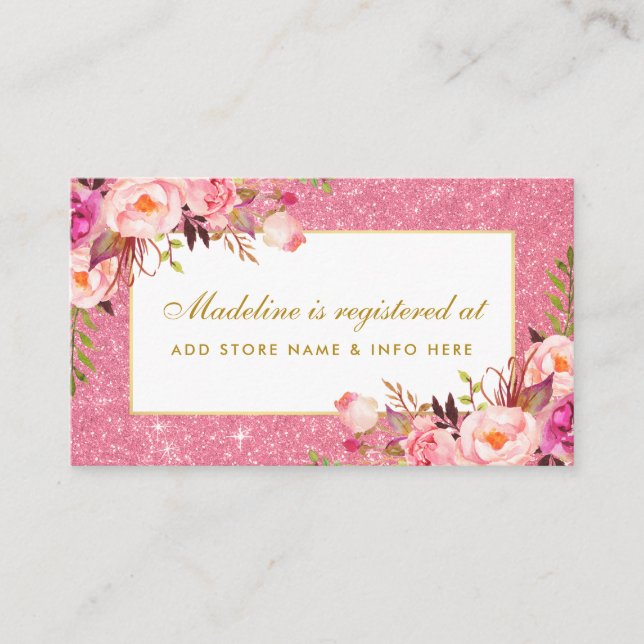 Pink Glitter Gold Shower Registry Insert Card (Front)