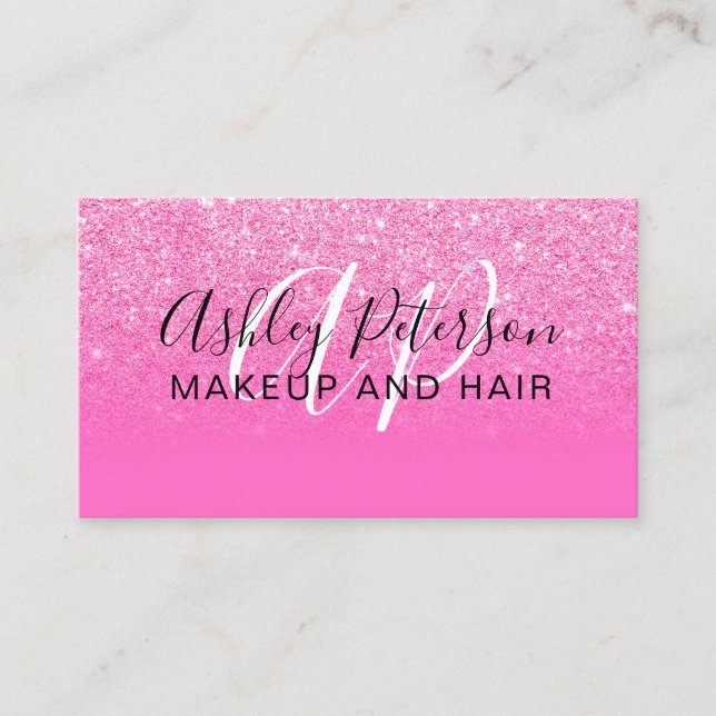 Pink glitter gradient neon monogram makeup hair business card (Front)
