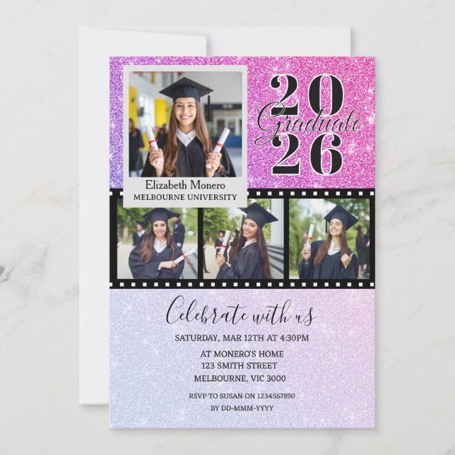 Pink Glitter Graduation Photo Invitation (Front)