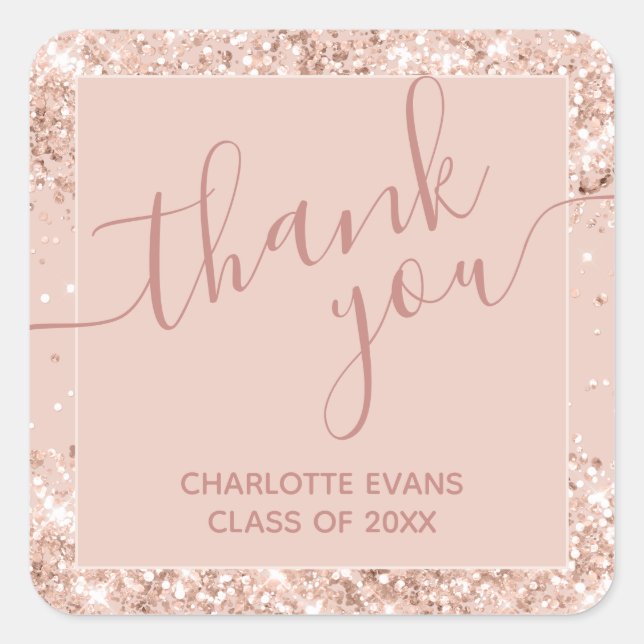 Pink Glitter Graduation Thank You Square Sticker (Front)