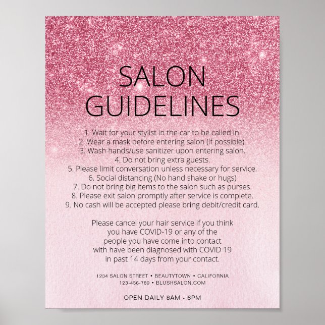 Pink Glitter Hair Salon Covid Health Safety Poster (Front)
