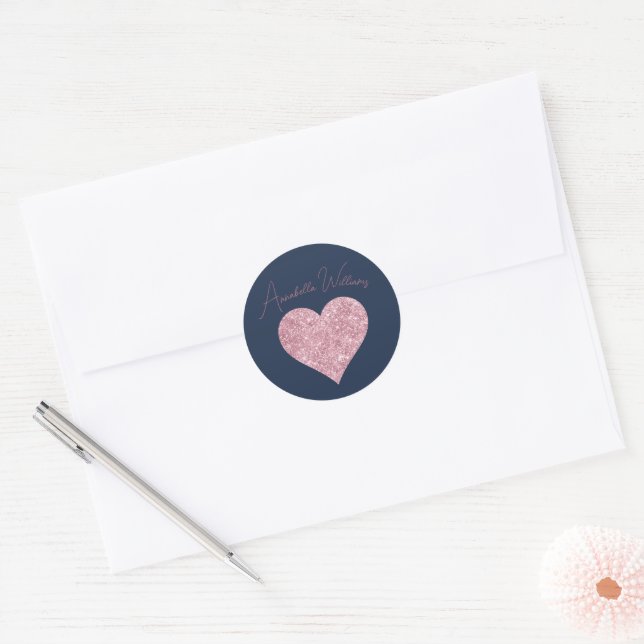 Pink Glitter Heart on Navy Blue Classic Round Sticker (Envelope)