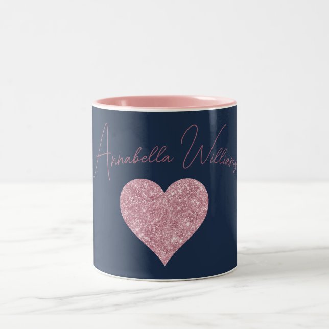 Pink Glitter Heart on Navy Blue Two-Tone Coffee Mug (Center)