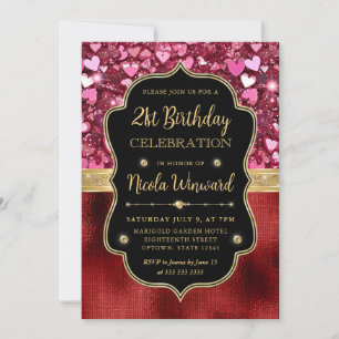 Pink Glitter Hearts and Red Foil 21st Birthday Invitation