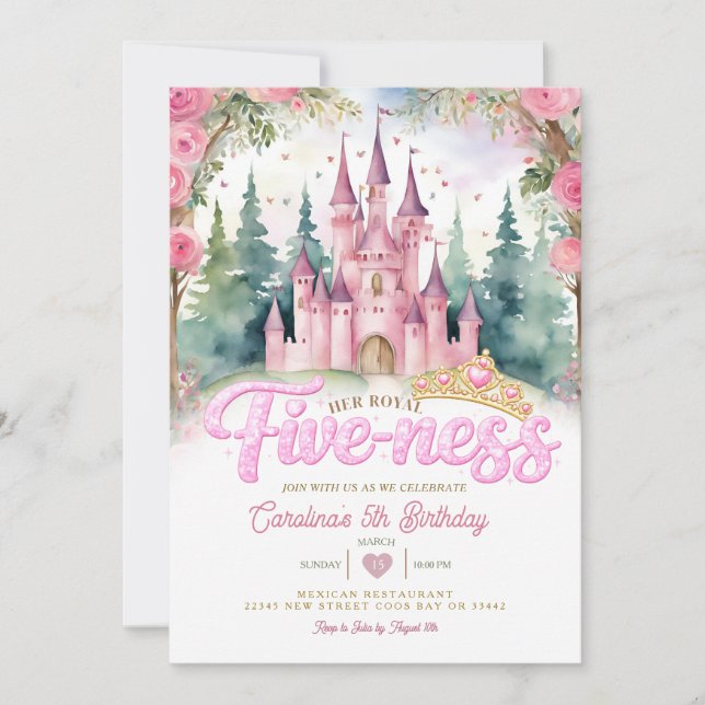 Pink Glitter Her Royal Five-ness Castle Birthday Invitation (Front)