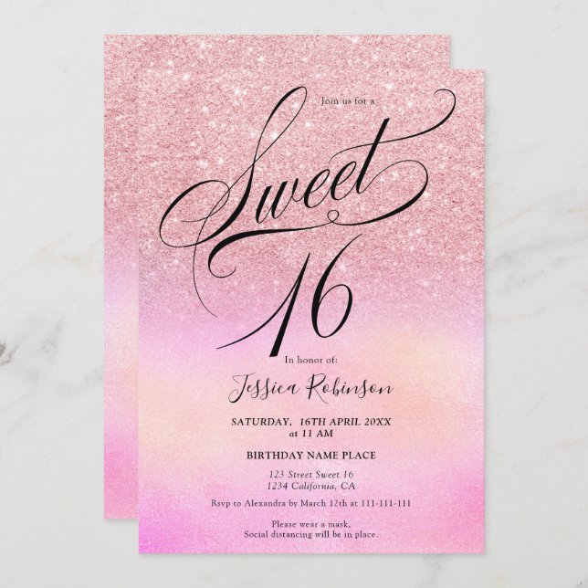 pink glitter holographic script chic Sweet 16 Invitation (Front/Back)