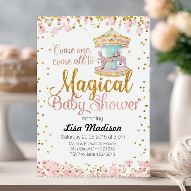 Pink Glitter Horse Carousel Baby Shower Invitation (Creator Uploaded)