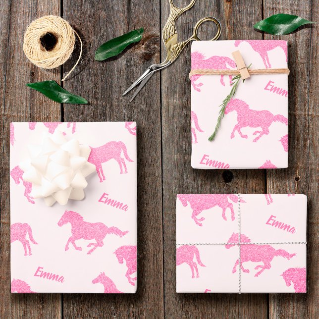 Pink Glitter Horse Pattern Girl Name Birthday Wrapping Paper Sheet (Creator Uploaded)