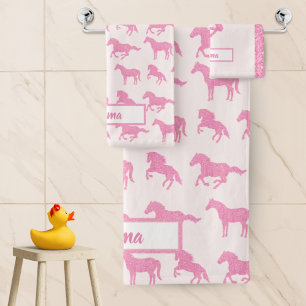 Pink Glitter Horse Pattern Little Girl First Name Bath Towel Set