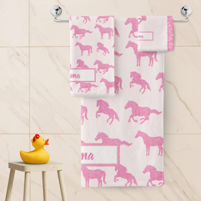 Pink Glitter Horse Pattern Little Girl First Name Bath Towel Set (Creator Uploaded)