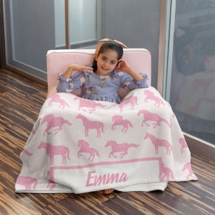 Pink Glitter Horse Pattern Little Girl First Name Fleece Blanket