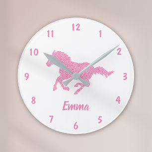 Pink Glitter Horse Pattern Little Girl First Name Round Clock