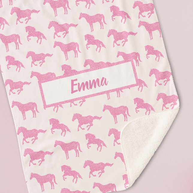 Pink Glitter Horse Pattern Little Girl First Name Sherpa Blanket (Creator Uploaded)