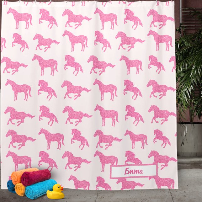 Pink Glitter Horse Pattern Little Girl First Name Shower Curtain (Creator Uploaded)
