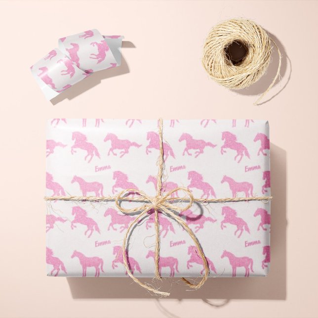 Pink Glitter Horse Pattern Little Girl First Name Wrapping Paper (Creator Uploaded)