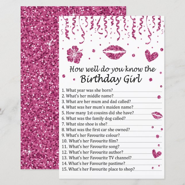 Pink glitter How well do you know the birthday gir (Front/Back)