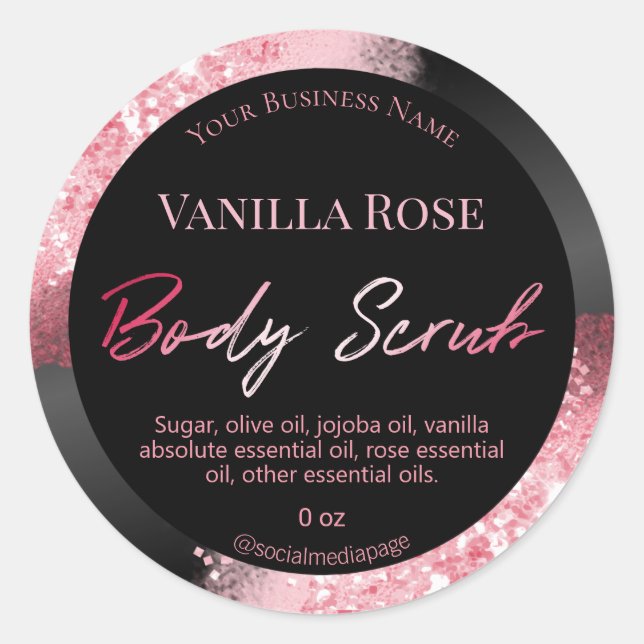 Pink Glitter Ink On Black Body Scrub Labels (Front)