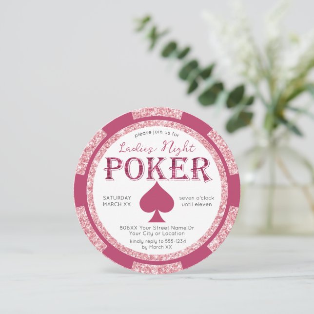 Pink Glitter Ladies Night Poker Chip Invitation (Standing Front)