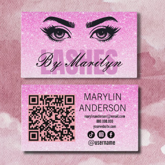 Pink Glitter Lash Technician with QR Code Business Card