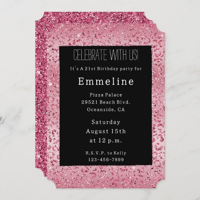 Pink Glitter Leopard Ombre Invitation (Front/Back)