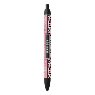 Pink Glitter Leopard Print Shimmer Custom Name Black Ink Pen