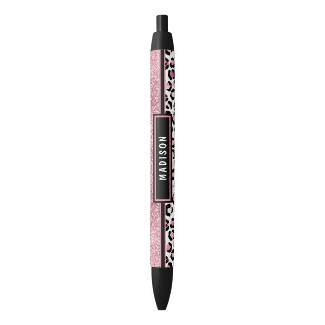 Pink Glitter Leopard Print Shimmer Custom Name Black Ink Pen (Front Vertical)