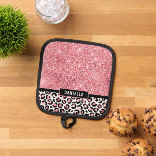 Pink Glitter Leopard Print Shimmer Personalised Pot Holder