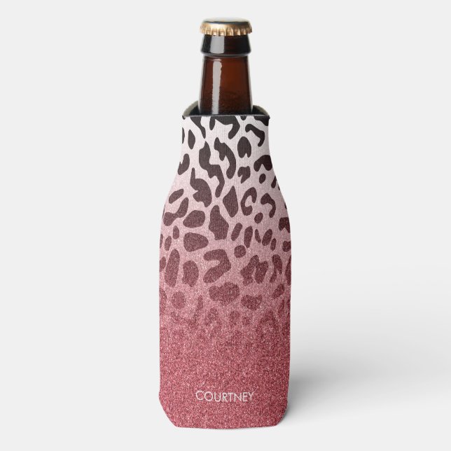 Pink Glitter Leopard Skin Bottle Cooler (Bottle Front)