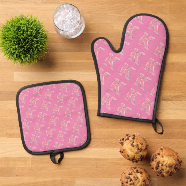 Pink Glitter letter K Oven Mitt & Pot Holder Set (Top Down)