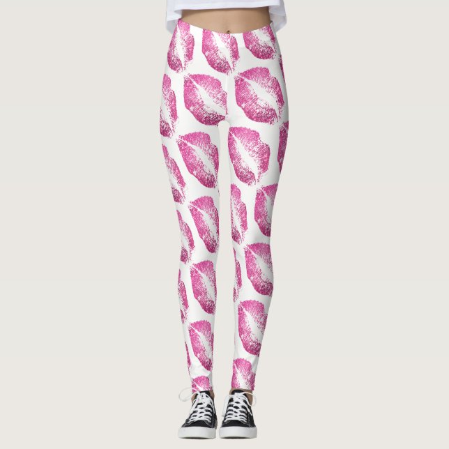 Pink Glitter Lips Modern White Leggings (Front)