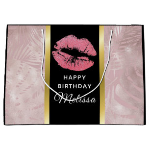 Pink Glitter Lips & Rose Gold Leaves Birthday Large Gift Bag