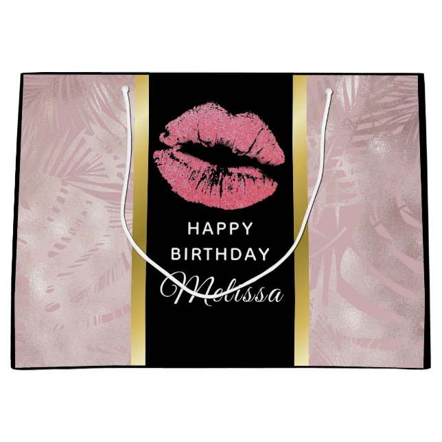 Pink Glitter Lips & Rose Gold  Leaves Birthday Large Gift Bag (Front)