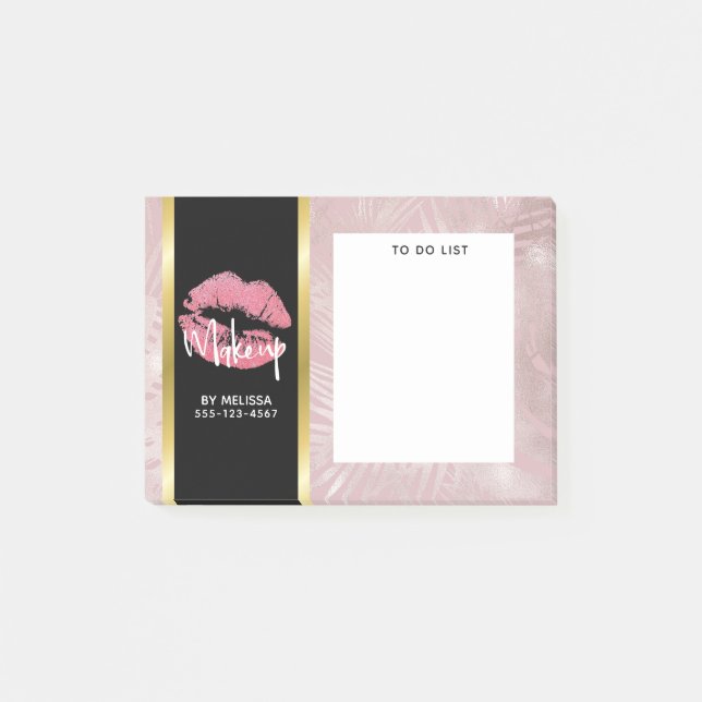 Pink Glitter Lips & Rose Gold Leaves Makeup Biz Post-it Notes (Front)