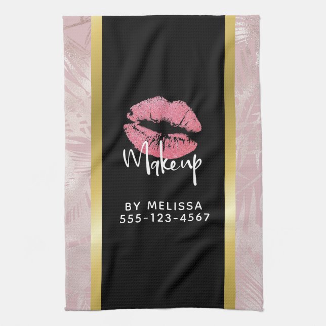 Pink Glitter Lips & Rose Gold Leaves Makeup Biz Tea Towel (Vertical)