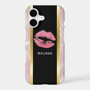 Pink Glitter Lips & Rose Gold Tropical Leaves