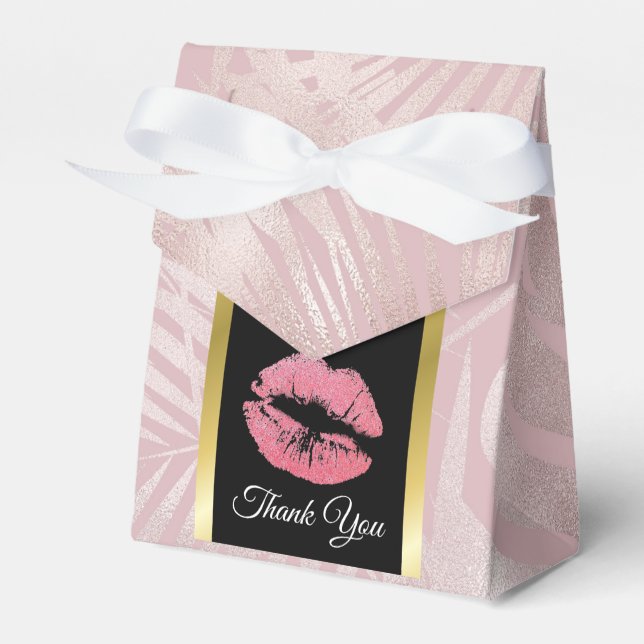 Pink Glitter Lips & Rose Gold Tropical Leaves Favour Box (Front Side)