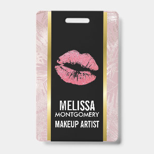 Pink Glitter Lips & Rose Gold Tropical Leaves ID Badge