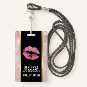 Pink Glitter Lips & Rose Gold Tropical Leaves ID Badge