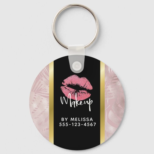 Pink Glitter Lips & Rose Gold Tropical Leaves Key Ring (Front)