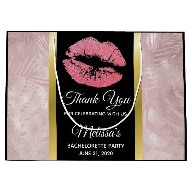 Pink Glitter Lips & Rose Gold Tropical Leaves Large Gift Bag (Front)