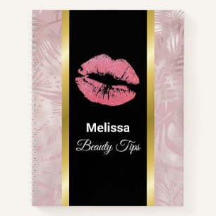 Pink Glitter Lips & Rose Gold Tropical Leaves Notebook