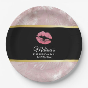 Pink Glitter Lips & Rose Gold Tropical Leaves Paper Plate