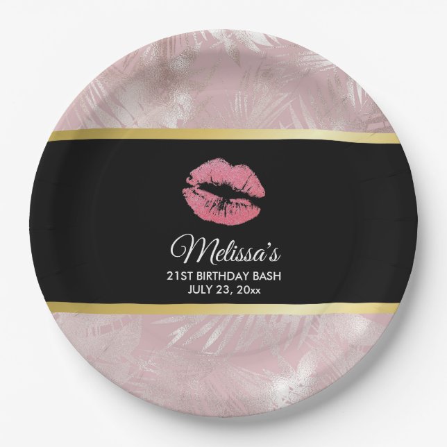 Pink Glitter Lips & Rose Gold Tropical Leaves Paper Plate (Front)