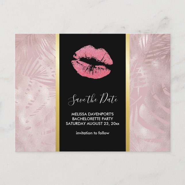 Pink Glitter Lips & Rose Gold Tropical Leaves Postcard (Front)